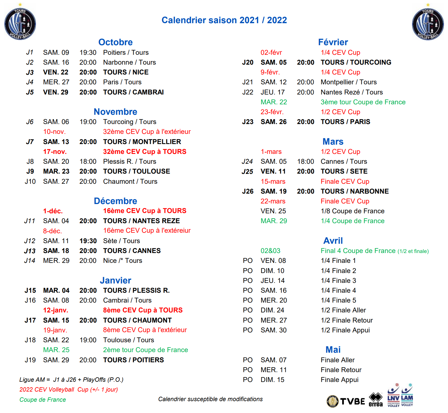 CALENDRIER | Tours Volley Ball